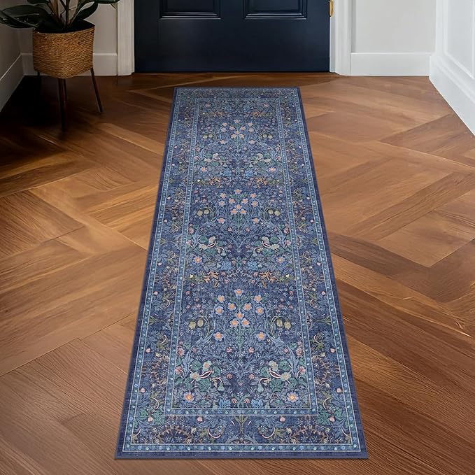 Non Slip 2x7 Dark Blue Kithen Runner Washable - Long Runner Rugs for Hallway, Bathroom, Bedroom Bedside - Dusky Navy Vintage Floral Décor
