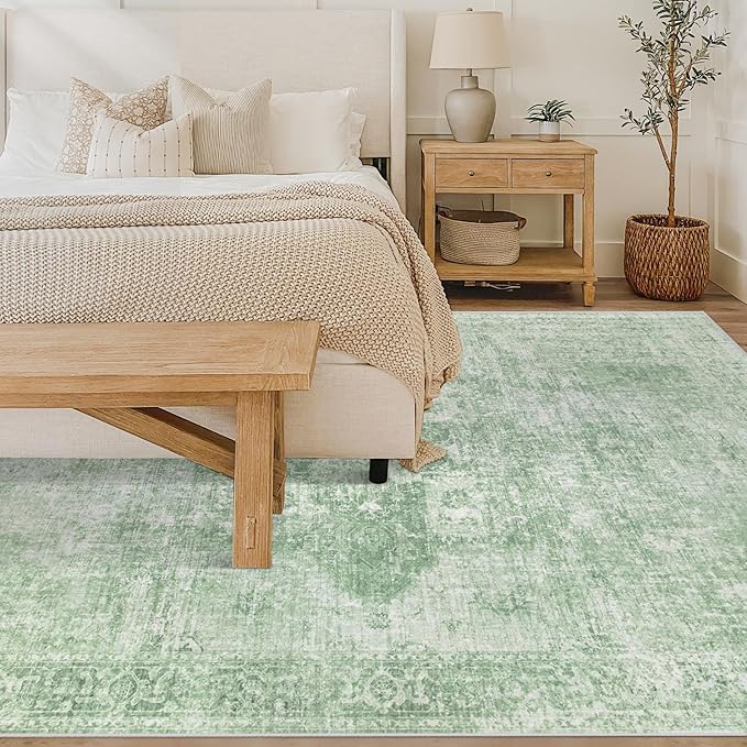Area Rug 6x9 Washable Rug, Vintage Boho Medallion Rugs Non-Slip Soft Low Pile Large Distressed Rug Indoor Retro Carpet for Living Room Bedroom Dining Room Home Office (Sage Green, 6'x9')