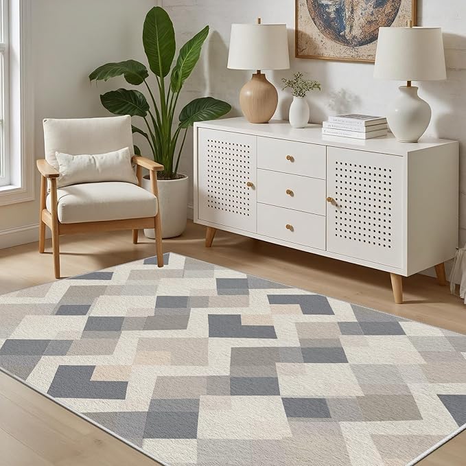 Modern Area Rug Living Room Rugs 6x8, Minimalist Soft Boho Geometric Rug, Non-Slip Washable Low Pile Non Shedding Carpet for Bedroom Office Dining Room Kitchen Nursery, Gray Beige White