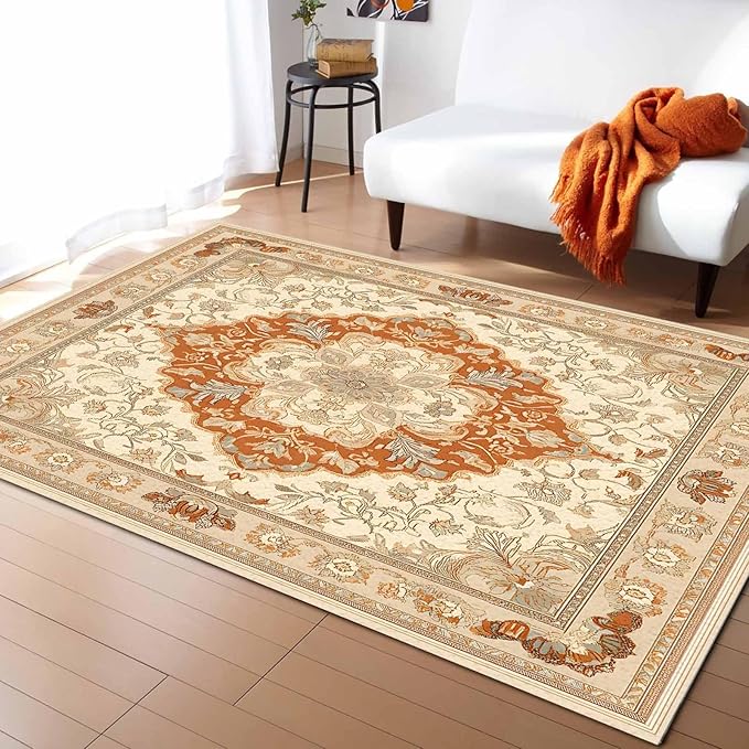 Orange Bohemian Rectangular Area Rugs for Living Room Bedroom 3 x 5 ft Vintage Farmhouse Floral Pattern Non-Shedding Soft Low Pile Rug Non Slip Washable Rug for Nursery Entryway Playroom