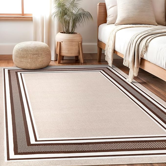 Beverly Rug Non Slip Area Rugs 5x7 Modern Bordered Non Skid Rubber Backing Soft Area Rug for Living Dining Room Easy to Clean Non Shedding Kitchen Bedroom Indoor Carpet 5 x 7 Beige-Brown