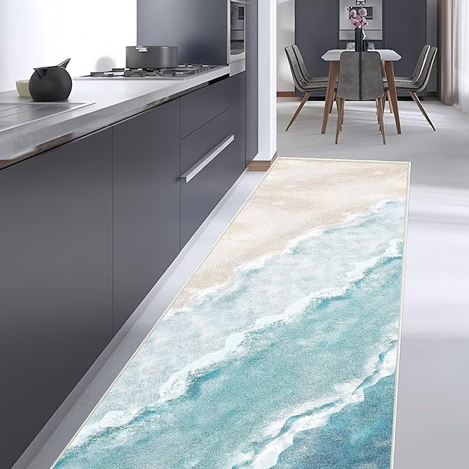 Beach Pattern 2x8ft Runner Rug Non Slip Washable Kitchen Runner Rug with Rubber Backing，Low-Pile Soft Washable Runner Rugs for Hallway Entryway Kitchen Bedroom Living Room Bathroom