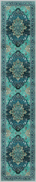 Area Rugs 2'6''x14' Washable Non-Slip, Floral Vintage Distress Print Pattern Medallion Carpet for Living Room Bedroom Dining Room, Teal Green Lake Blue Turquoise