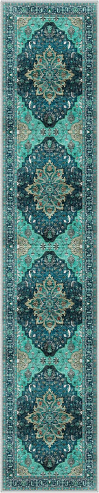 Area Rugs 2'6''x10' Washable Non-Slip, Floral Vintage Distress Print Pattern Medallion Carpet for Living Room Bedroom Dining Room, Teal Green Lake Blue Turquoise