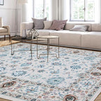 WILLSUN Washable Area Rugs, 9x12 Non-Slip Boho Large Area Rugs for Living Room, Bedroom, Machine Washable Vintage Rug, Indoor Floral Print Carpet for Home Decor, Kid & Pet Friendly Mat