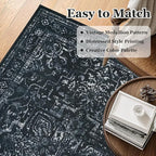 Black Vintage Distressed 8x10 Area Rugs for Living Room, Washable Non Slip Bedroom Rugs Under Bed Faux Wool Soft, Dark Medallion Pinted Thin Carpet for Dining Room Home Office