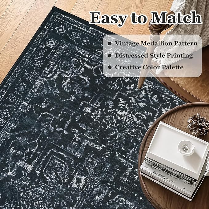 Black White 4x6 Throw Rugs for Entryway, Washable Dark Rug with Rubber Backing for Living Room Bedroom, Vintage Medallion Distressed Area Rug for Kitchen/Bathroom/Dorm/Home Office