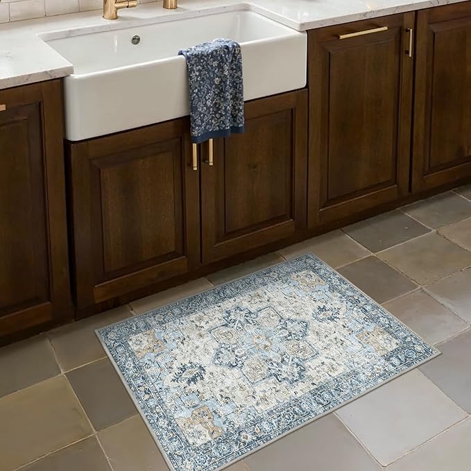 Area Rug 2x3 Doormat, Machine Washable Low Pile Vintage Rugs, Small Lightweight Rug Entryway Indoor Mat for Entrance, Hallway, Kitchen and Corridor, Blue