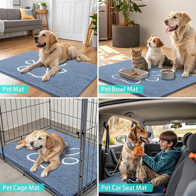 Smiry Dog Door Mat for Muddy Paws, Absorbent Dirt Trapper Non Slip Quick Dry Washable Chenille Mat for Mud Dogs, Entry Rug for Indoor and Outdoor (48x30 Inches, Airy Blue and White)