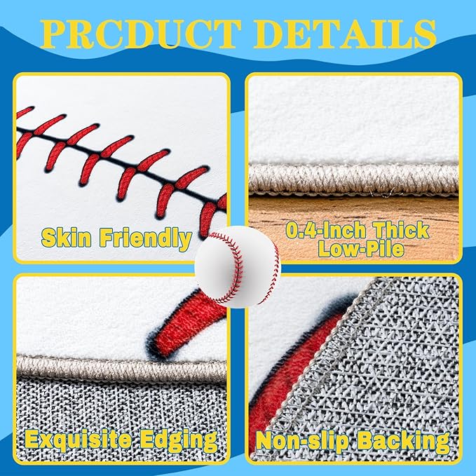 Baseball Soft Area Rug, Cute Bedside Shag Rug for Kids Toddlers Teens, Baseballs Lovers Room Decor Indoor Carpet for Kids Room Bedroom Living Room, Nursery, Machine Washable 6x9 FT