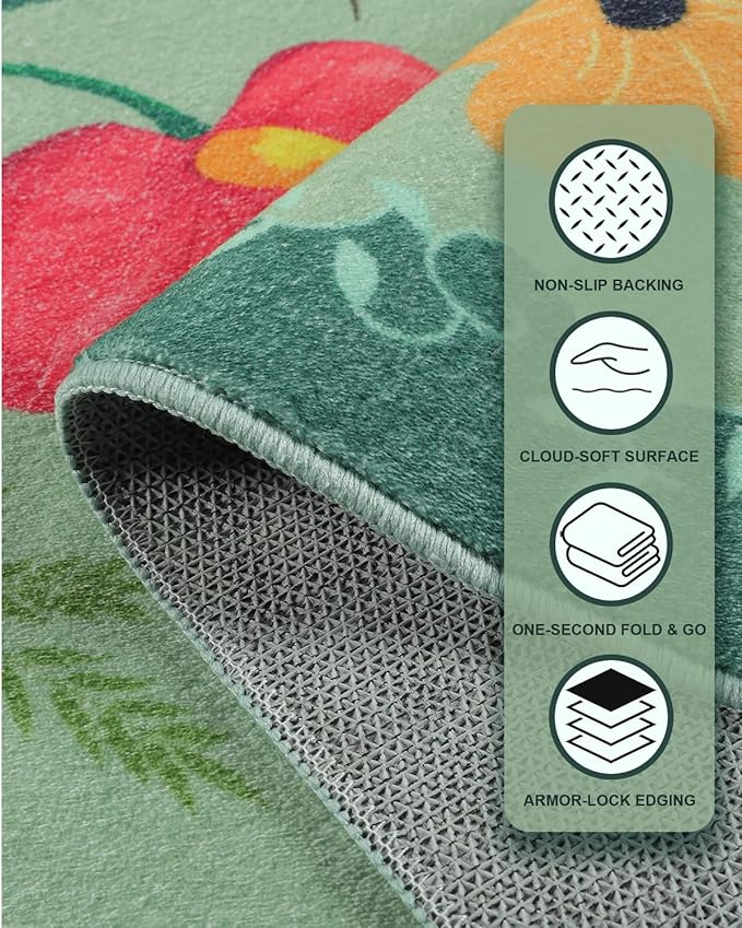 Boho Washable Area Rug 6x9 for Living Room, Bedroom, Office, Playroom, Kitchen or Dining Room, Soft Floral Carpet for Indoor Use, Easy Care Non-Slip Design (Green)
