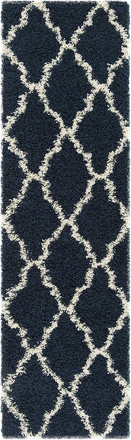 SAFAVIEH Dallas Shag Collection Runner Rug - 2'3" x 6', Navy & Ivory, Trellis Design, Non-Shedding & Easy Care, 1.5-inch Thick Ideal for High Traffic Areas in Living Room, Bedroom (SGD257N)