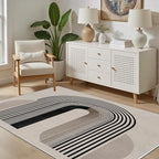Modern Washable Rug for Living Room 5x7, Boho Abstract Striped Area Rugs, Soft Non Slip Low Pile Farmhouse Carpet for Bedroom Dining Room Kitchen, Stain Resistant, Pet Friendly, Beige Black