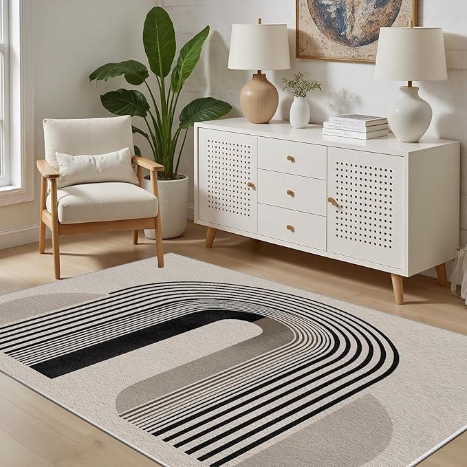 Modern Washable Rug for Living Room 4x6, Boho Abstract Striped Area Rugs, Soft Non Slip Low Pile Farmhouse Carpet for Bedroom Dining Room Kitchen, Stain Resistant, Pet Friendly, Beige Black
