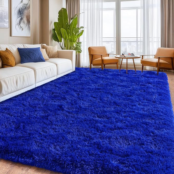 Extra Large 9x12 Feet Fuzzy Rug Blue Fluffy Rug for Living Room, Big Plush Non-Skid Shag Carpet, Soft Shaggy Rugs for Bedroom Indoor Modern Home Decor