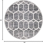 Rugs.com Lattice Trellis Collection Rug – 3 Ft Round Gray Low-Pile Rug Perfect for Kitchens, Dining Rooms
