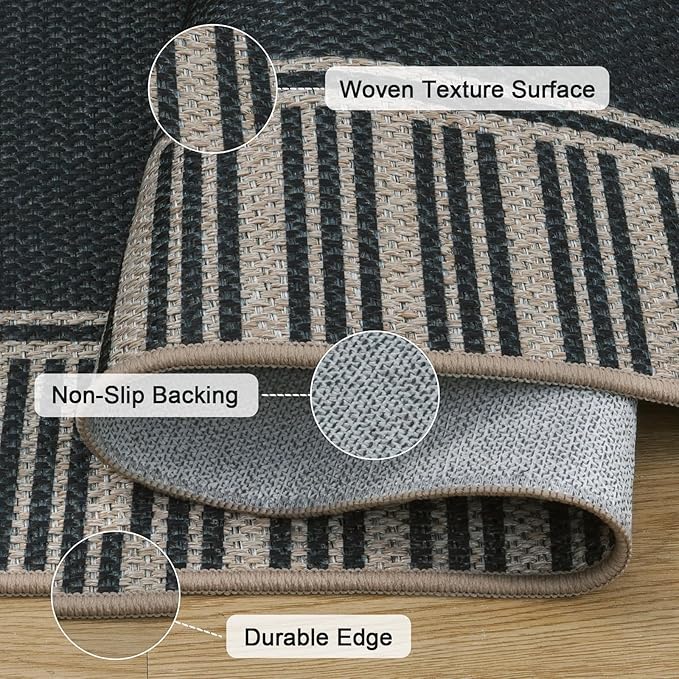 OJIA Easy Jute 3x5 Outdoor Rug Front Door Mats Washable Rugs for Entryway, Striped Border Black Rug Non-Slip Indoor Doormat Outdoor Porch Rug Farmhouse Area Rug for Outside Patio Living Room