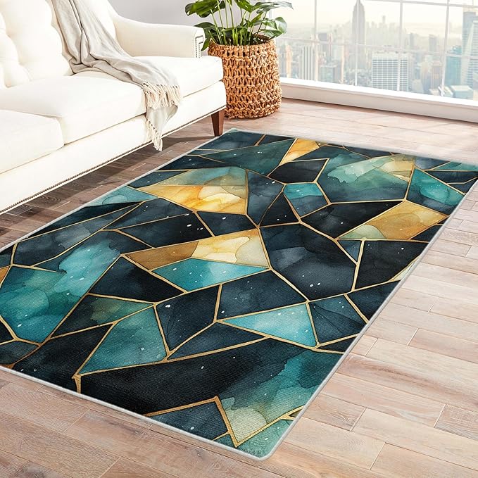 Blue and Gold Rug, 3x5 Rug, Watercolor Art Rugs for Entryway, Luxury Small Area Rug, Washable Rug Non Slip Soft Indoor Carpet, Kids and Pets Friendly, Blue and Gold Home & Room Decor