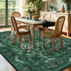Green Boho Living Room 5x7 Area Rug, Floral Washable Vintage Distressed Rug for Dining Room Under Table, Bedroom, Nursery, Home Office - Low Pile Non Slip Art Deco Carpet, Farmhouse Accent Mat
