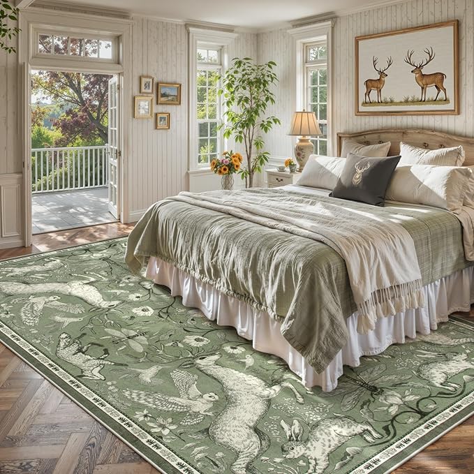Lahome Boho Animal 6x9 Washable Living Room Area Rugs, Green Soft Rugs for Bedroom, Botanical Large Boho Non Slip Dining Room Carpet for Under Table Office Kids Playroom (6x9ft,Green)