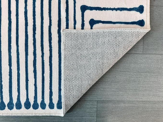 GLN Rugs Contemporary Collection - Machine Washable Area Rug, Contemporary Washable, Non Slip, Low Pile Chenille Rug, Living Room, Bedroom, Kitchen Rug (5' x 7' Blue Ivory)