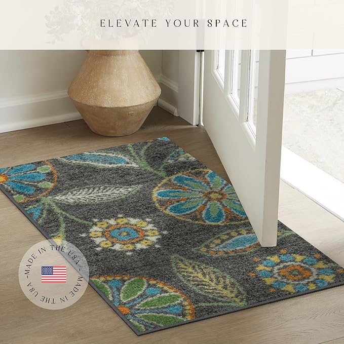 Maples Rugs Reggie Floral Kitchen Rug - Made in USA - Washable, Non Slip Indoor Carpet for Entryway, Foyer, Kitchen, and Bathroom, 1'8 x 2'8, Dark Grey