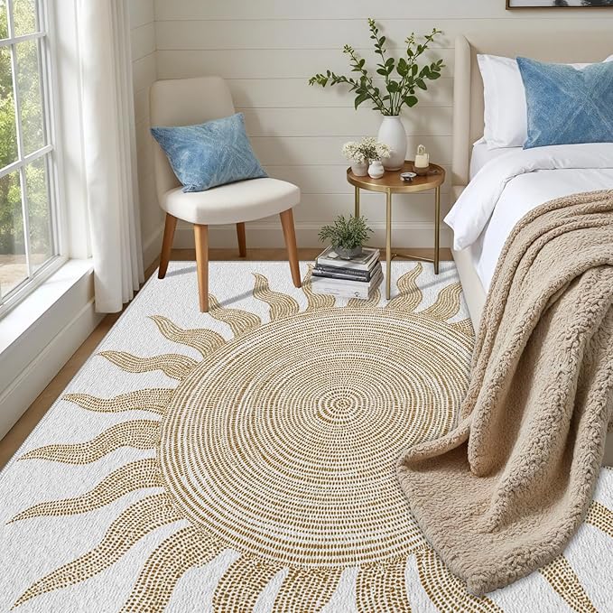 Boho Washable Rugs for Bedroom 5x6, Modern Sun Print Soft Minimalism Area Rug, Non Slip Low Pile Abstract Carpet for Classroom Living Room Decor Dining Room Sofa Kids Nursery Room, Beige Yellow