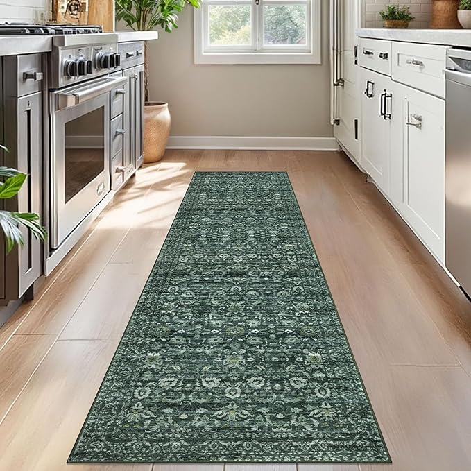 Vintage Floral 2x7 Runner Rug, Dark Green Washable Kitchen Runner Rug Non-Slip Hallway Rug Runner Boho Super Soft Thin Printed Faux Wool Carpet for Entryway Bedroom Laundry Room Indoor