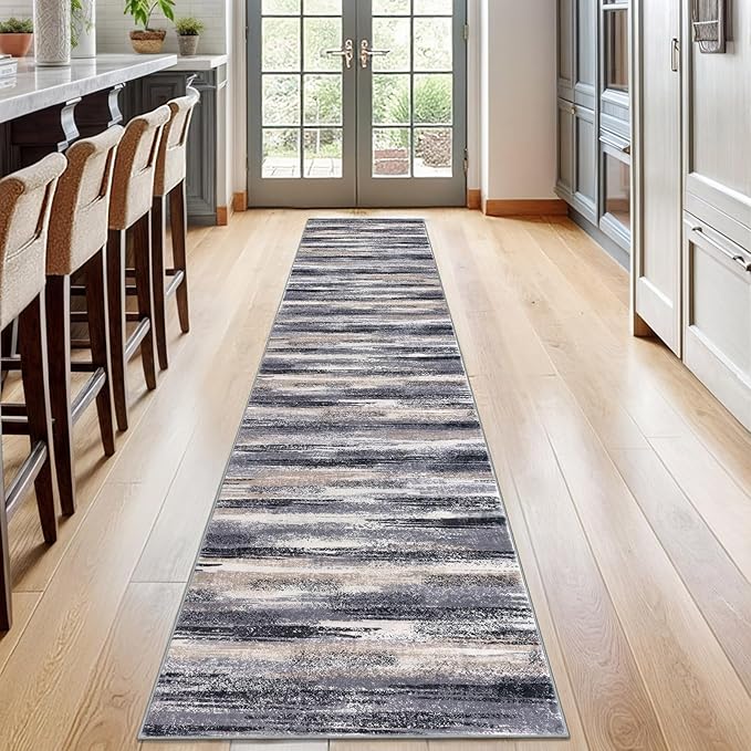 Modern Abstract Runner Rug 2x12, Grey Black Multi Washable Long Kitchen Runner Non-Slip Soft Hallway Rug Runner Thin Print Faux Wool Carpet for Entryway Bedroom Laundry Room Indoor Home Decor