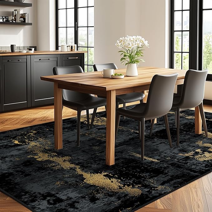Washable Area Rugs 5'x7' Non-Slip Modern Abstract Soft for Living Room Entryway Bedroom Nursery, Print Pattern, Dark Black Gold