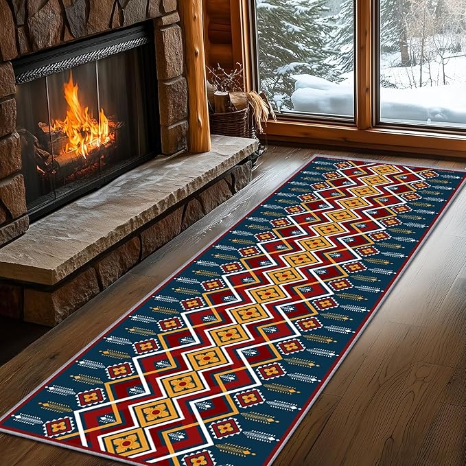 Dark Blue Runner Rug, 4x12ft Red Yello Diamond Hallway Decor Carpet, Corridor & Foyer Long Accent Rug, Entrance Non-Slip Mat Washable Rugs, Southwestern Stylish Home Decor Runner