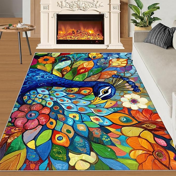 Boho Peacock Rug Large - 6x8 Rug, Colorful Peacock Washable Rugs for Living Room, Teal Turquoise Carpet, Modern Style Non-Slip Area Rugs for Bedroom, Aesthetics Carpet - Peafowl Home Decor & Gifts