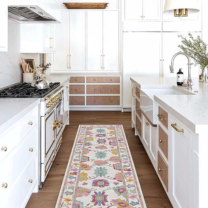 Fame Living Pink Oushak Runner Rug, Modern Runners, Turkish, Eclectic, Floral, Pastel, Washable, Small Throw Rugs, Short Runner for Hallway, Entryway, Laundry, Bedroom, Kitchen, Bathroom, 2'5"x6'5"