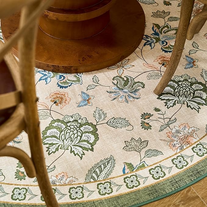 jinchan Elora 7ft Floral Round Rug for Dining Room Washable Living Room Rug Vintage Romance Design Non Slip Indoor Floor Cover Lightweight Low-Profile Throw Carpet for Bedroom Porch Patio, Green/Beige