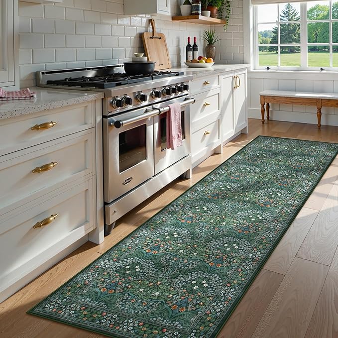 Lahome Floral Hallway Runner Rug Non Slip, 2'6''x10'Soft Washable Runners for Hallways, Ultra-Thin Green Kitchen Runner Distressed Carpet for Entryway Bathroom, Dark Green
