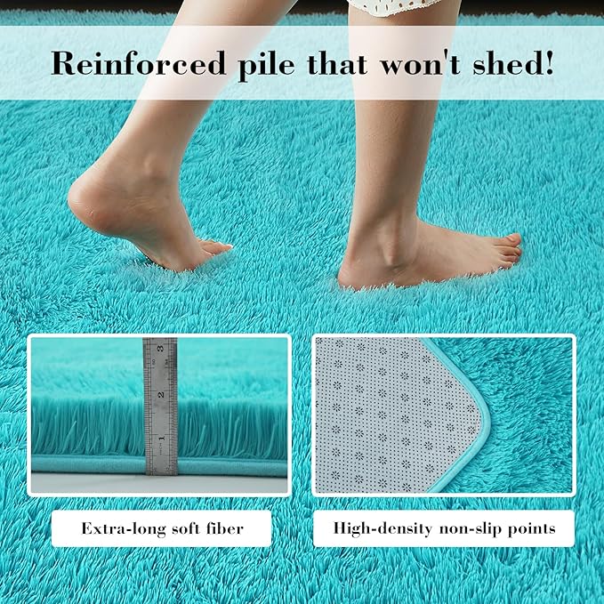 Teal Blue Rug Fluffy Rugs, 2x6 Teal Area Rugs for Bedroom, Soft Cute Baby Play Mat, Indoor Floor Carpet for Teen, Nursery, Preppy Dorm, Plush Aesthetic Bedside Rug