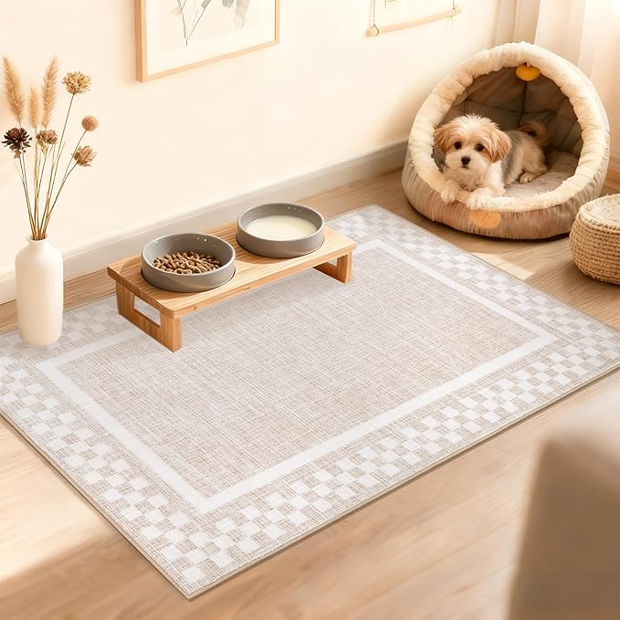 Small Area Rug 2x3 Modern Checkered Entry Rug Solid Color Scalloped Kitchen Rugs Washable Bedroom Doormat Non Slip Stain Resistant Bordered Throw Carpet for Living Room Nursery Laundry, Beige