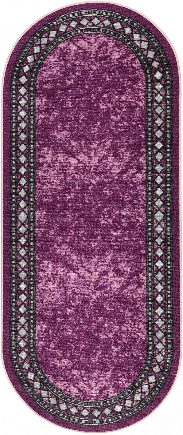 Antep Rugs Alfombras Modern Bordered 2x5 Non-Skid (Non-Slip) Low Profile Pile Rubber Backing Kitchen Area Rugs (Purple, 2' x 5' Oval)