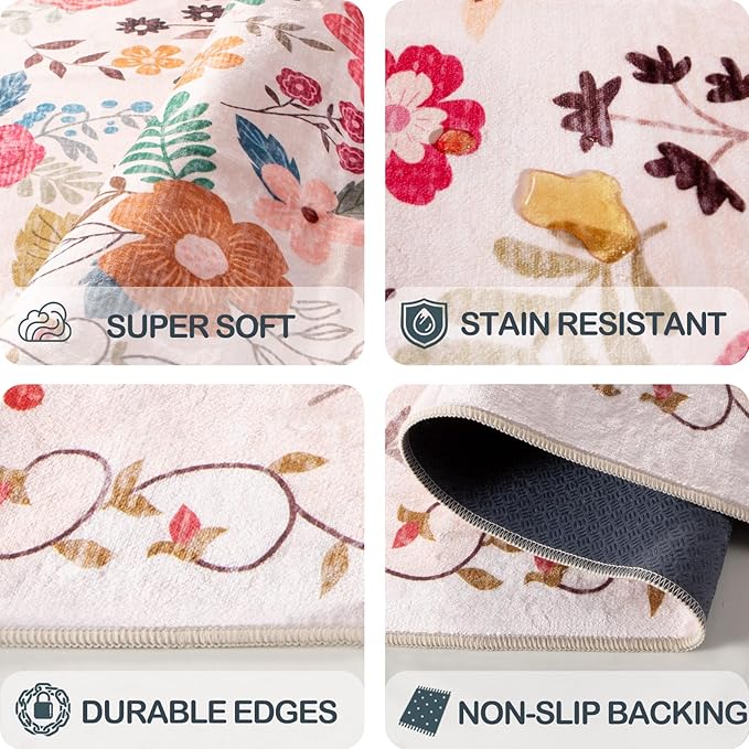 5x7 Area Rugs for Living Room Clearance Washable Boho Area Rug, Vintage Floral Non Slip Low Pile Large Rug for Living Room, Bedroom, Dining Room, Farmhouse (5 x 7 Beige Red)