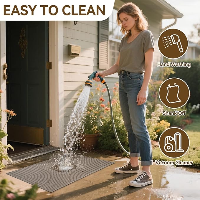 Front Door Mat 24''x35'', Absorbent Muddy Dirt Resist Washable Non Slip Low-Profile Indoor Doormat, Easy Clean Welcome Entryway Door Mats, Brown