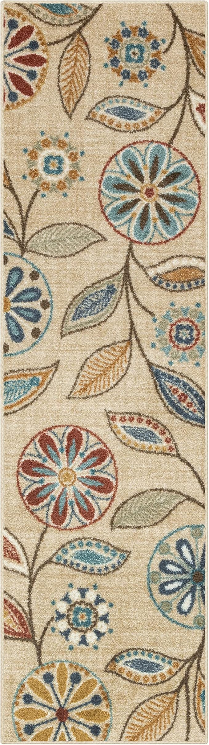Maples Rugs Reggie Floral Runner Rug - Made in USA - Washable, Non Slip Indoor Carpet for Kitchen, Hallway, and Laundry Room, 2' x 7', Beige