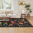 Living Room Rug 6x9 Rug Machine Washable Boho Area Rug Non Slip Floral Vintage Low Pile Large Rugs for Living Room, Bedroom, Farmhouse, Dining Room (Black)