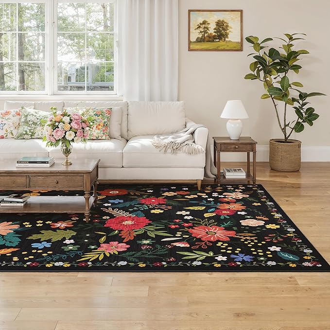 5x7 Washable Rug for Living Room, Floral Black Area Rug, Non Slip Low Pile Soft Flower Carpet, Large Rugs for Bedroom, Dining Room, Office, Kids Playroom, Nursery