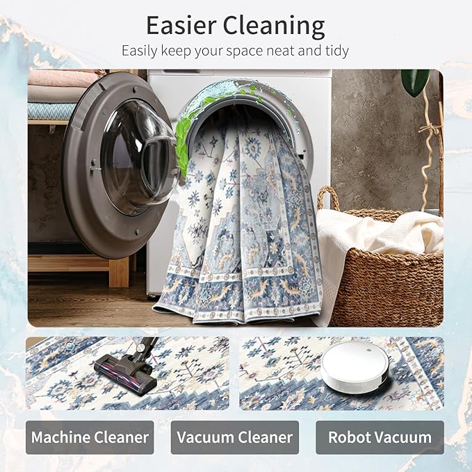 Enkor Area Soft Rugs 5x7 Washable Non Slip Boho Floor Rugs for Living Room Bedroom, Vintage Style Farmhouse Mat for Kitchen Entryway Blue & White