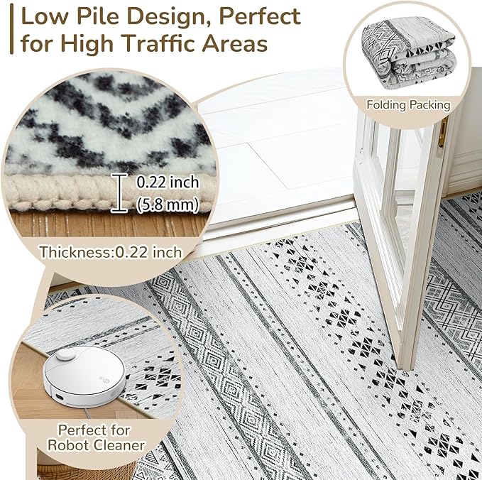 BESTSWEETIE 6x9 Area Rugs for Living Room Washable Moroccan Farmhouse Neutral Geometric Low Pile Non-Slip Soft Print Pattern Rug for Bedroom Kitchen Dining Room Entryway Grey/Black/Navy