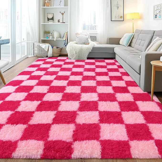 Area Rugs for Living Room, Soft Shaggy Carpets for Living Room, Fuzzy Rugs for Kids' Room, Perfect Decor for Modern Home Hot Pink Grid 8x10 Feet