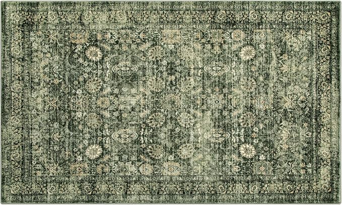 Morebes Area Rug 4x6 Vintage Washable Boho Rugs for Bedroom, Soft Living Room Carpet Non-Slip Non-Shedding Faux Wool Rug for Farmhouse Dining Room Indoor Kids Playroom, Grayish Green