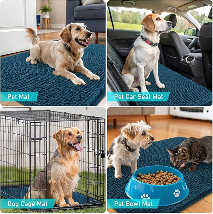OLANLY Dog Door Mat for Muddy Paws 59x20, Absorbs Moisture and Dirt, Absorbent Non-Slip Washable Doormat, Quick Dry Chenille Mud Mat, Entry Indoor Entryway Carpet for Inside Floor, Atlantic Blue