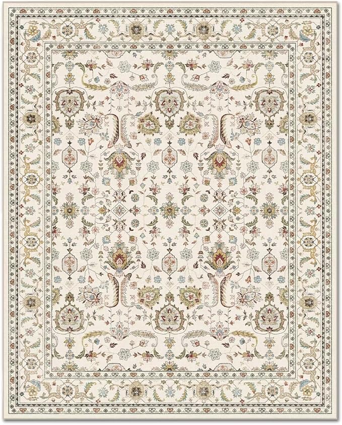 Washable 8x10 Area Rugs for Living Room, Boho Non-Slip Vintage Distress Large Rugs for Bedroom Dining Room Nursery Office, 0.3" Neutral Oriental Throw Thin Carpet, Beige/Rust/Green/Multi