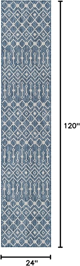 Unique Loom Outdoor Trellis Collection Area Rug - Tribal Trellis (2' x 10' Runner, Blue/ Ivory)
